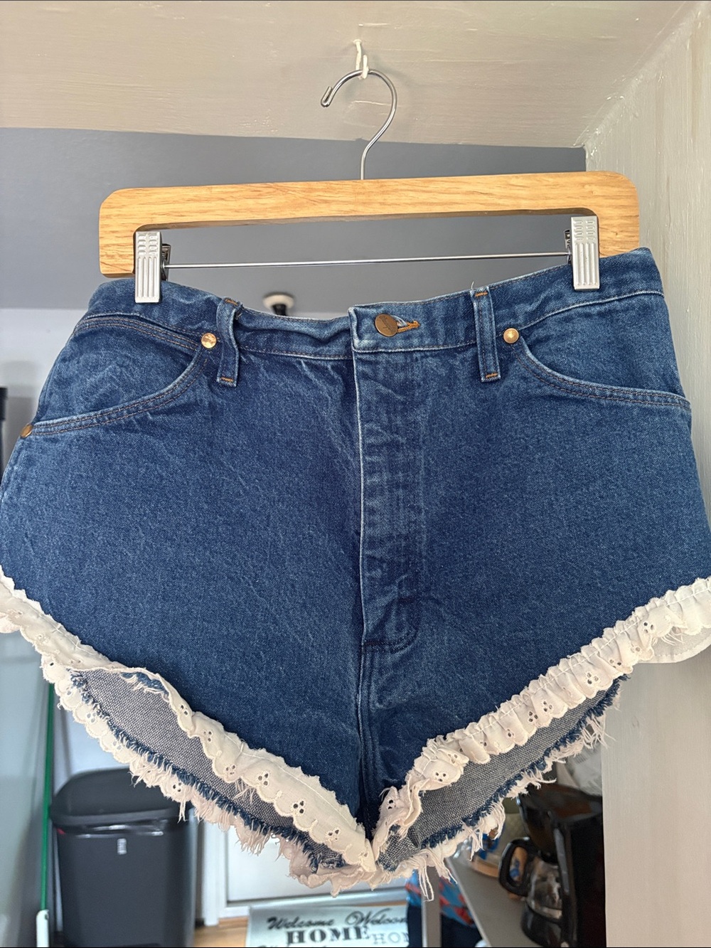 Wrangler Dark Blue Denim Shorts with Cream Lace Trim